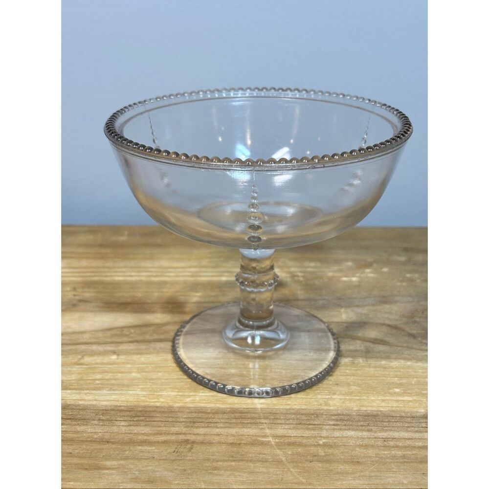 Vintage D.C. Jenkins Kokomo Bead Column clear glass pedestal compote bowl fairy